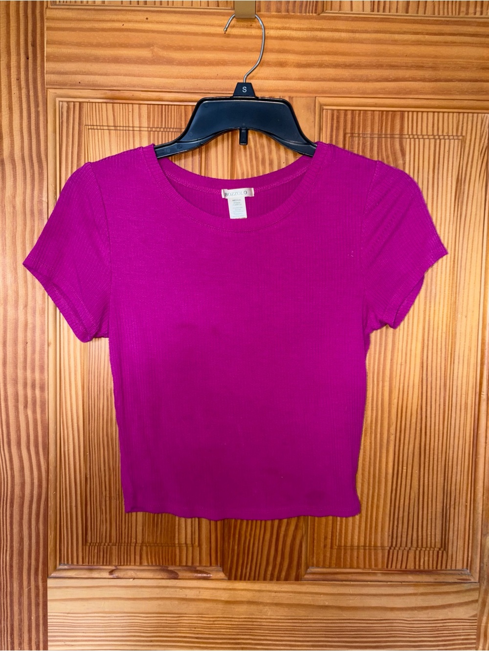 BOZZOLO Hot Pink Ribbed Stretch Cropped T-Shirt Top Size M NWOT